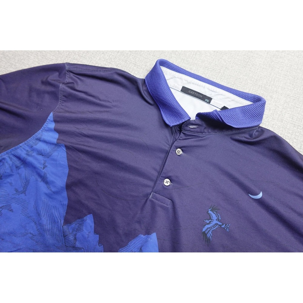 Greyson Polo Mens 2XL Blue Mountain Wolf AOP Print Golf Performance Stretch Soft